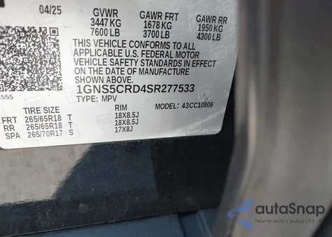 2025 Chevrolet Suburban 2Wd Lt from USA, damaged, VIN 1GNS5CRD4SR277533